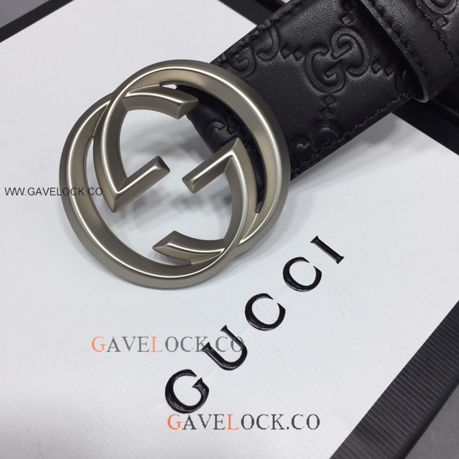 Gucci Classic Monogram Belt Original Leather Silver Buckle